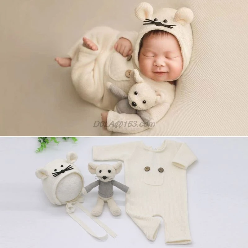 3 Pcs/set Newborn Photography Props Suit Knitted Cotton Jumpsuit Hat Mouse Doll Infant Photo Shooting Clothes Outfits