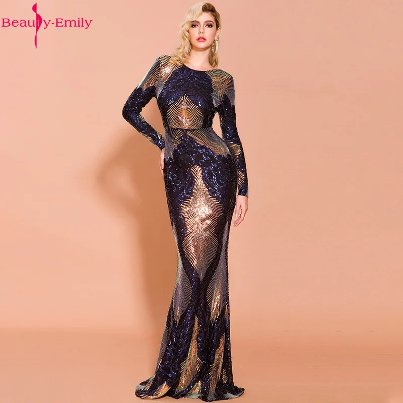 

Beauty-Emily O Neck Evening Dresses Long Mermaid Full Sleeve Party Dress Open Back Women Prom Gowns robe de soiree For Muslim