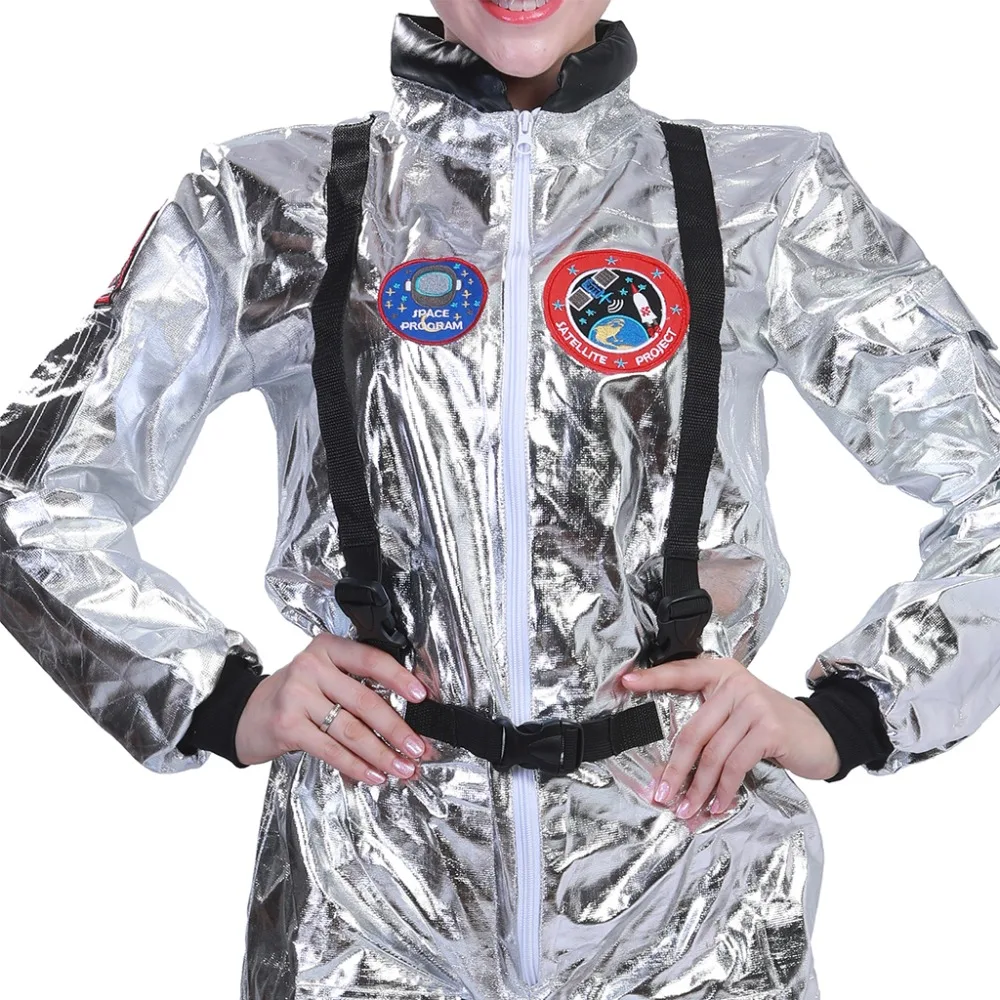 Mulher prata astronauta cosplay traje adulto spaceman festa de halloween macacões carnaval páscoa purim fantasia vestido