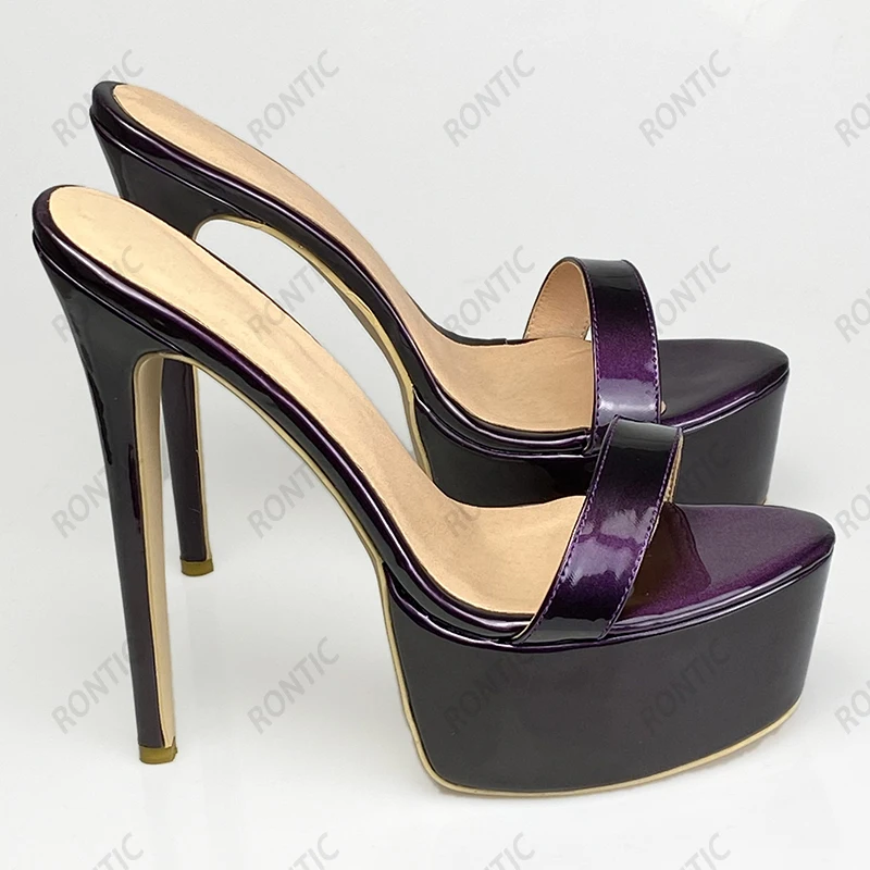 Rontic New Arrival Women Platform Sandals Patent Leather Sexy Stiletto Heels Open Toe Elegant Black Dress Shoes Size 34 45 47 52