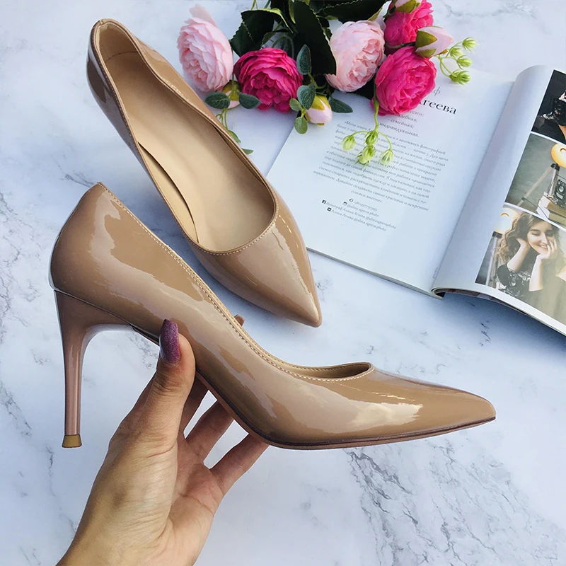 DONNAIN Stiletto High Heels 10CM Nude Patent Leather Pointed Toe Sexy Wedding Shoes Women Large Size 41-43 Ladies Dress Pumps