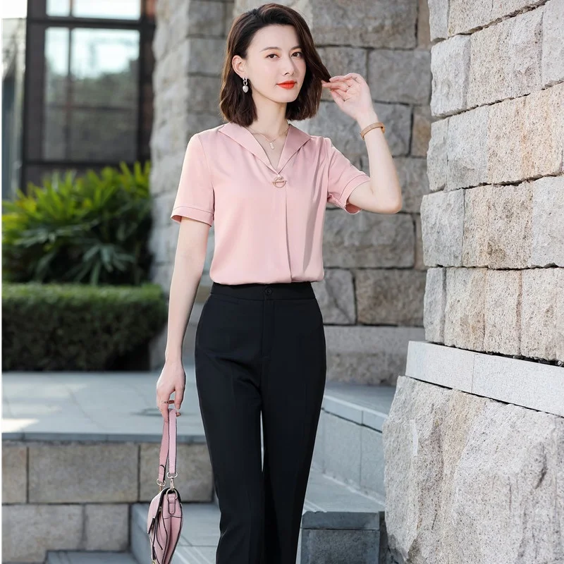 

Summer 2 Piece Set Suit with Blouse and Trousers for Women Career Interview OL Styles Professional Pants Suits Plus Size 5XL