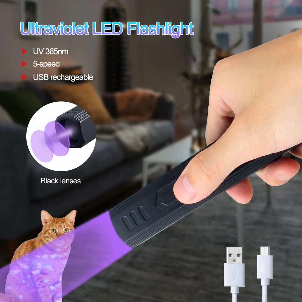 365nm UV Flashlight USB Rechargable 5 Modes LED Inspection Lamp Waterproof Torch Lantern For detecting urine currency