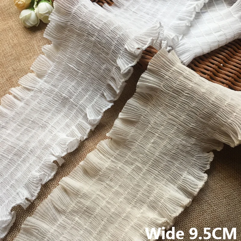 9.5CM Wide White Beige Pleated Chiffon Fabric Stretch Lace Clothes Sleeves Dress Collar Elastic Ruffle Edge Trim Sewing Material