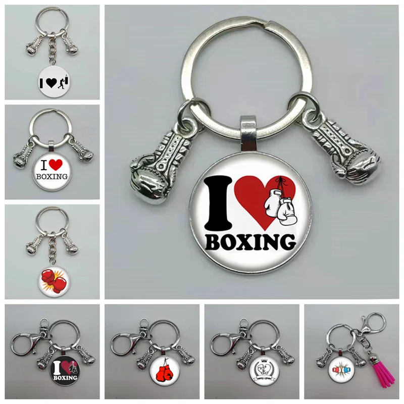 New Fashion Glass Cabochon Key Chain Boxing Gloves Pendant Boxing Lobster Clasp DIY Men and Women Car Keychain Gift