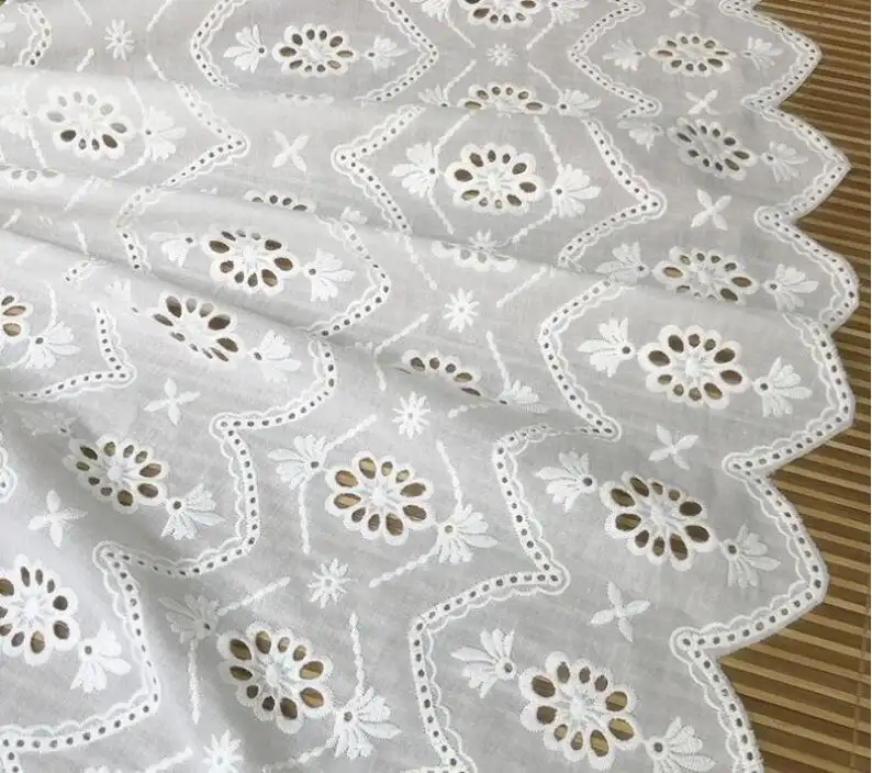 

Retro Eyelet Cotton Fabric Off White Cotton Lace With Both Scalloped For Doll Outfits, Cocktail Dresses, Wedding Decor
