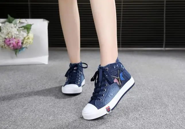 Women Fashion Sneakers Denim Canvas Shoes Spring/Autumn Casual Shoes Trainers Walking Skateboard Lace-up Shoes Femmes