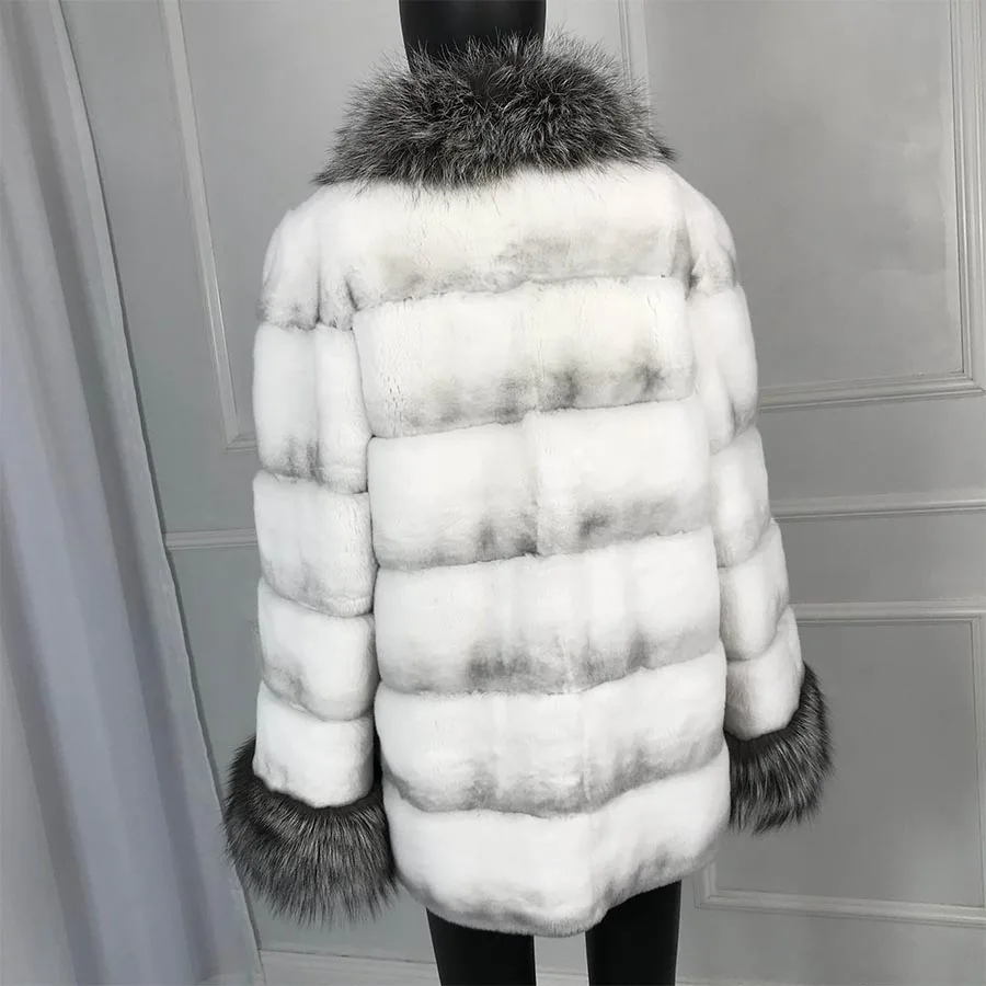 Winter Women Natural sliver fox Fur Coat Thick Warm middle long Real Rex Rabbit Fur Coat Warm Fur Jacket with sliver fox fur