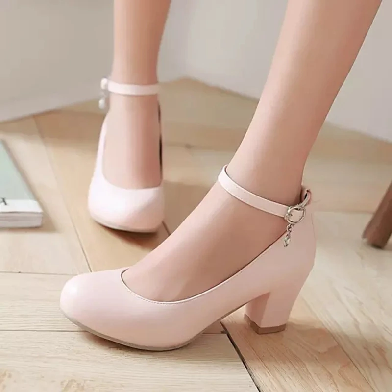 New 2020 Spring autumn Women Shoes Mary Jane Ladies Square High Heels Round toe White Pink WeddingThick Heel Pumps Shoes 183