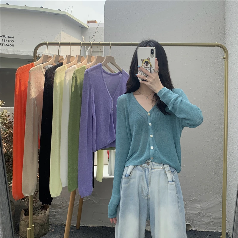 Summer Cardigan Long Sleeve Knitted Sweater Women Korean Short Sunscreen Cropped Cardigan Loose V-neck Solid Color Thin Tops