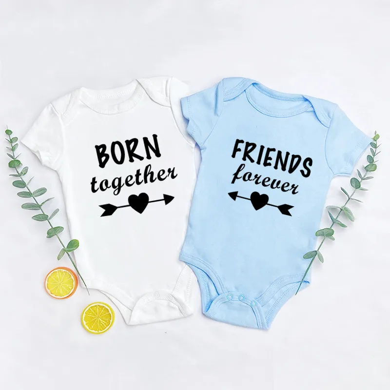 Cotton Born Together and Friends Forever Baby Clothes Summer Short Sleeve Jumpsuit Twins Baby Bodysuits Toddler Casual Ropa