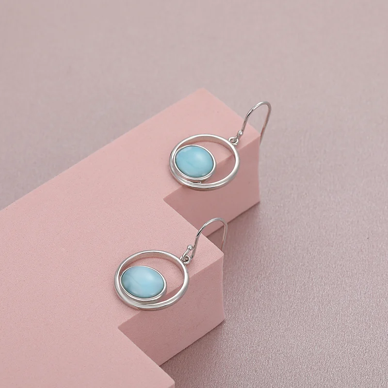 Natural Precious Larimar Earrings for Women 2021 Simple Fashion Geometric Round Charm 925 Sterling Silver Jewelry Gift Classic