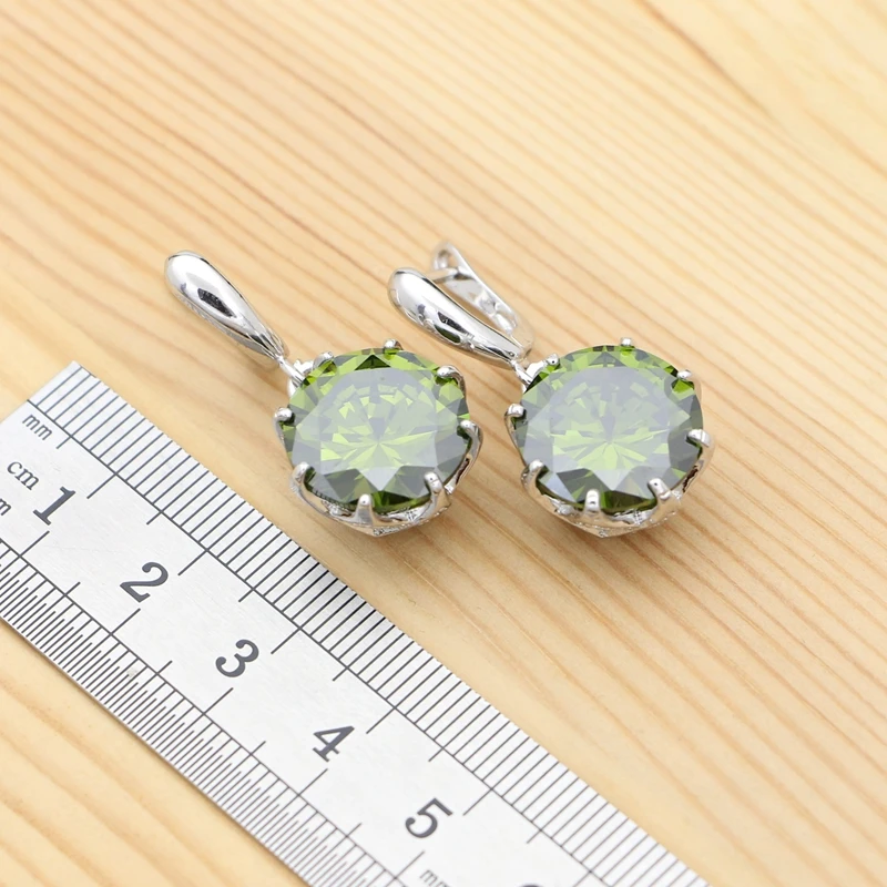 Olive Green Cubic Zirconia White Crystal 925 Sterling Silver Bridal Jewelry Set For Women Earrings Ring Set
