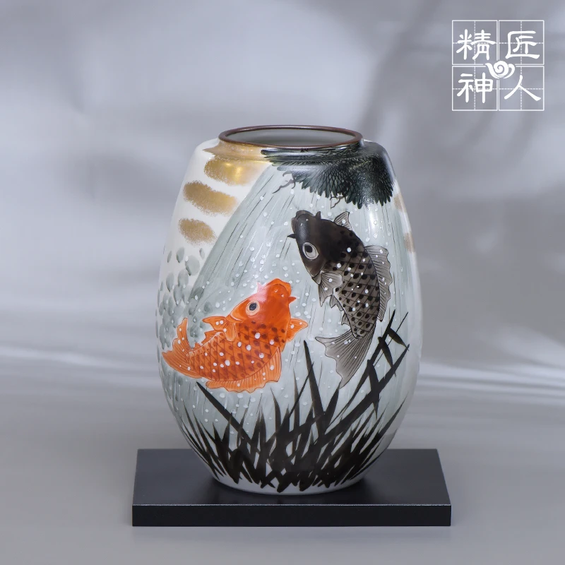 

Spot nine valley burn imported from Japan pure hand-painted ceramic flower vase koi carp jump longmen wedding gift