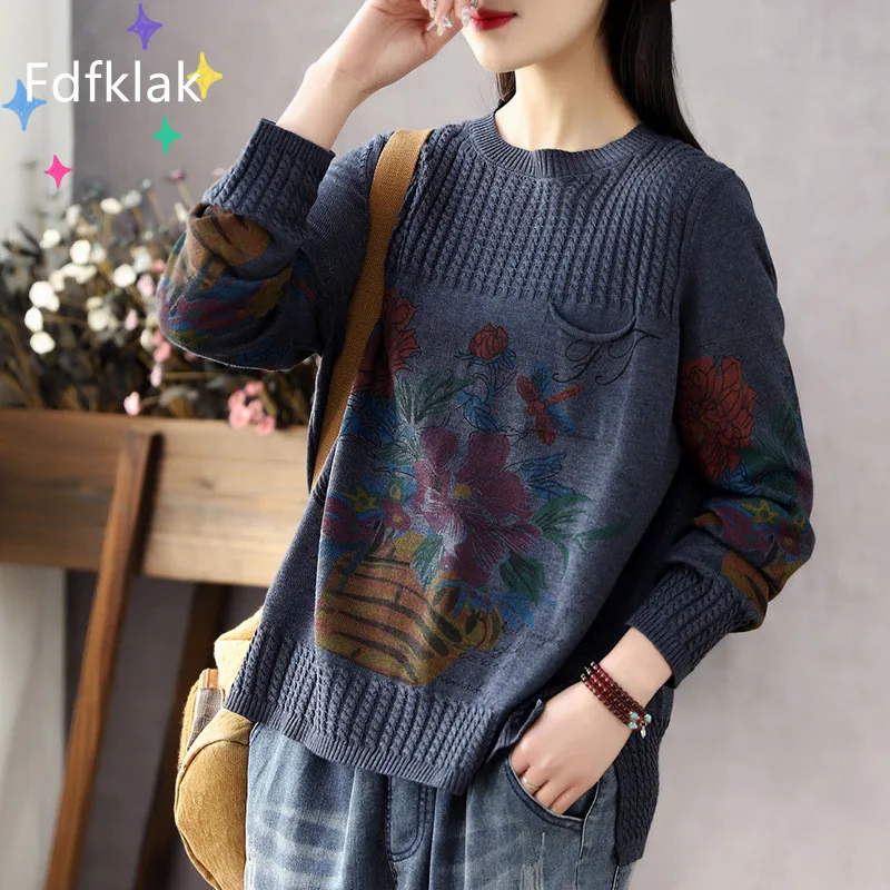 Fdfklak Round Neck Printed Sweater 2021 Spring New Retro 3XL Plus Size Women Clothing Long Sleeved Loose Fashion Jumper Female