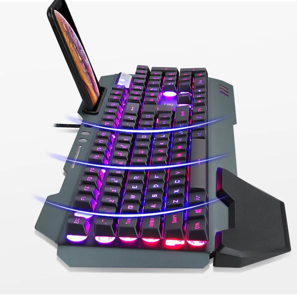 Mechanical Feel RGB Backlit Multi Shortcuts Gaming Keyboard Waterproof 3200 DPI Optical Mice Mouse Pad Set with Pen Phone Holder