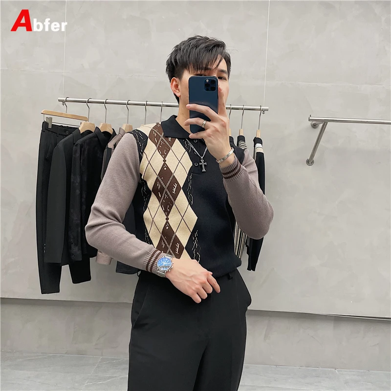 

Abfer Autumn Winter 2021 Slim Fit Argyle Knitted Sweater Male Luxury Korean Fashion High Quality POLO Collar Pullover Men