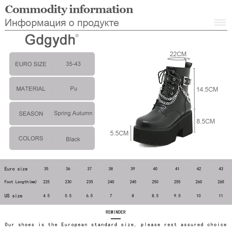 Gdgydh Modern Boots Woman Shoes Gothic Metal Decoration Black Boots Women Heel Sexy Chain Chunky Heel Platform Footwear Zipper