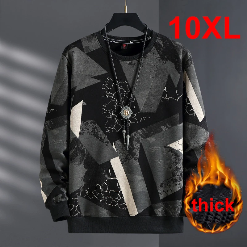 Autumn Winter Fleece Sweatshirts Men Plus Szie 9XL 10XL Sweatshirt Fashion Hip Hop Geometric Graffiti Pullover Male Baggy Tops