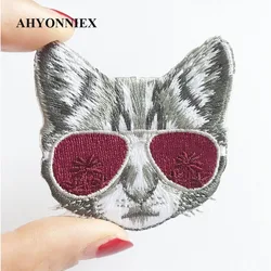 AHYONNIEX occhiali Cat Patch per abbigliamento ferro su Applique ricamata ricamata carino cucire su tessuto Badge accessori abbigliamento fai da te