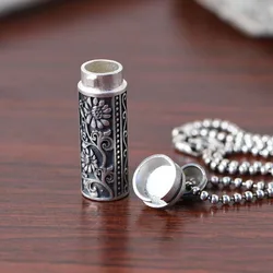 925 Sterling Silver Vintage Flower Engrave Tube Perfume Ash Urn Pendants Necklace Tibetan Silver Memorial Pure Silver Jewelry