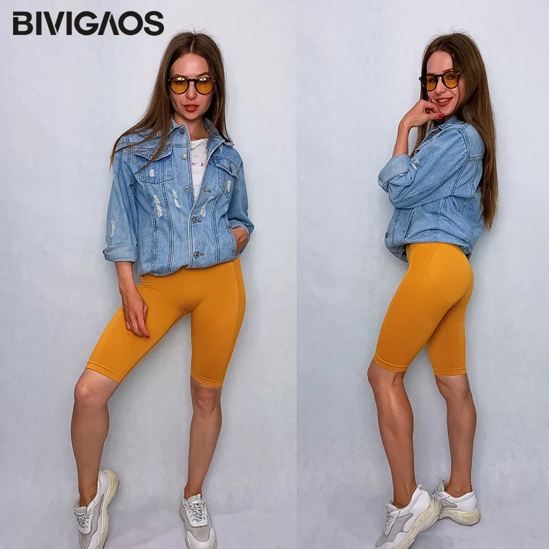 BIVIGAOS New Biker Shorts Women Sport Knee Short Thin Fitness High Waist Shorts Sexy Hip Up Quick-drying Running Shorts Summer