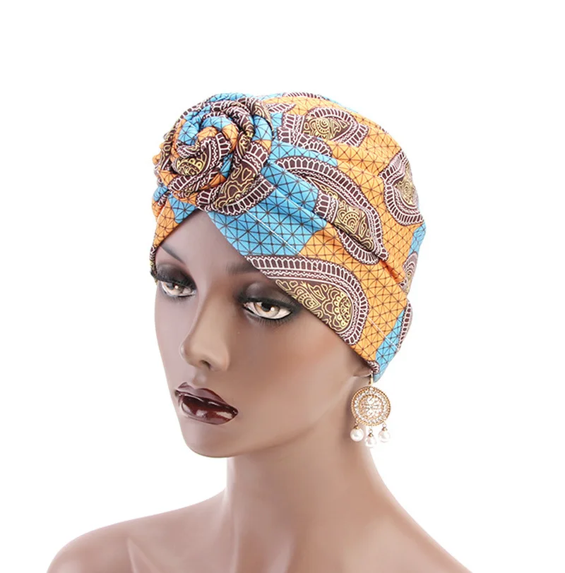 2022 New Fashion Bohemia Cotton Lined Bonnets Women African Vortex Knot Pattern Print Fabric Ankara Bonnets Hat Ladies Turban