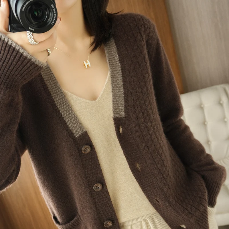 100% Cashmere V-neck sweater Autumn/Winter 2021 Women\'s  Collar Cardigan Casual Knit Tops Korean Plus Size Female Jacket