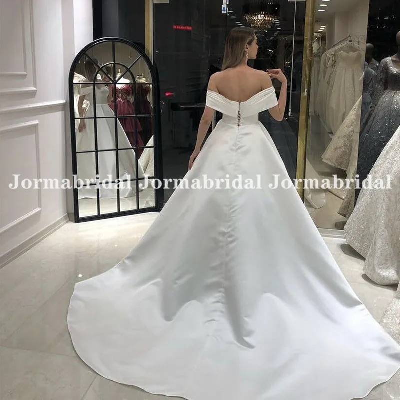 Vestidos De Novia Sexy Boat Neck suknia balowa suknie ślubne Off The Shoulder gorset długi kaplica pociąg białe satynowe suknie ślubne