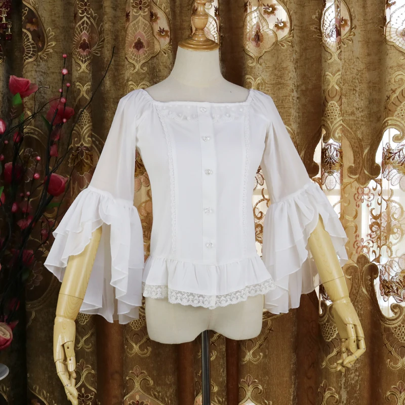 Lolita Flared แขนเสื้อชีฟองคอหวาน Lolita Top Kawaii สาว Peter Pan Collar สีขาว/สีดำ Victorian เสื้อ