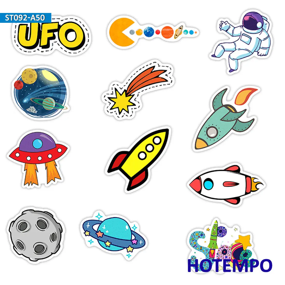 50Pieces Outer Space Alien Astronaut UFO Rocket Ship Planet Cartoon Stickers for Scrapbook Luggage Cup Phone Laptop Sticker Toys