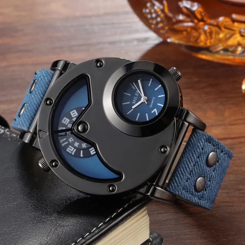 Fashion Blue Watches Men Sports Watches 2 Time Zone Blue Canvas Leather Strap Quartz Wristwatches Men Relogio Masculino 2021