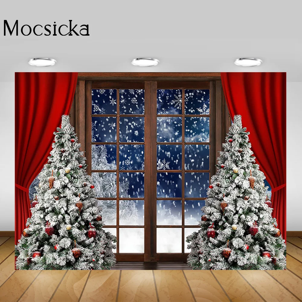 Window Photography Backdrop Winter Frozen Christmas Tree Photo Background Red Curtain Snow Landscape Wonderland Photoshoot