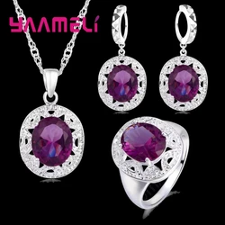 Elegant Women 925 Sterling Silver Color Purple Crystal Pendants Necklaces Earring Ring Set for Wedding Engagement Jewelry Gift