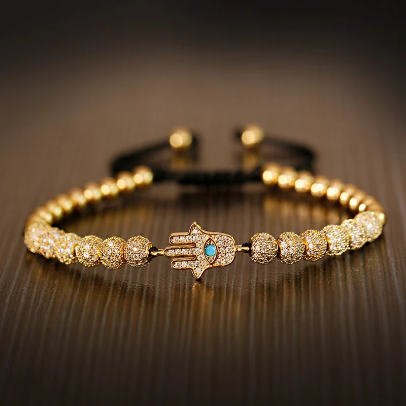 Luxury Gold Color Hamsa Fatima Hand Evil Eye Beads Bracelet Men Classic CZ Adjustable Bracelet Homme Handmade Jewelry For Women