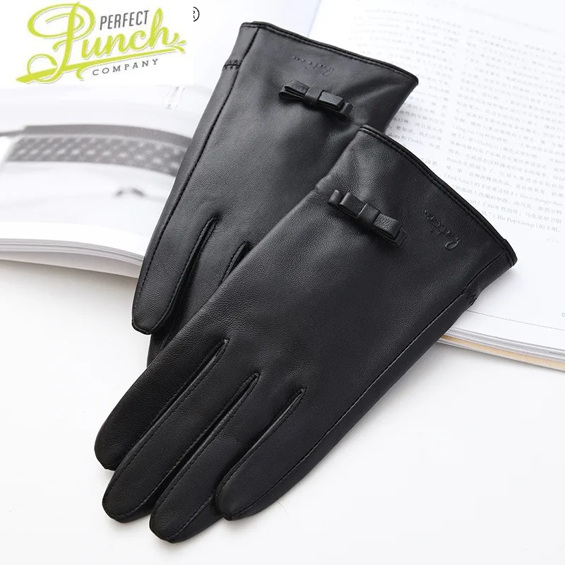 

Fashion New Real Women's Leather Gloves Winter Black Warm Plus Velvet Gloves Famale Bow Korean Guantes Invierno SQQ394