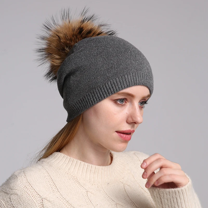 Chapéu de pompom de pele de guaxinim feminino, Gorros de lã tricotados, Skullies casuais, boné de caxemira feminino, quente, outono inverno