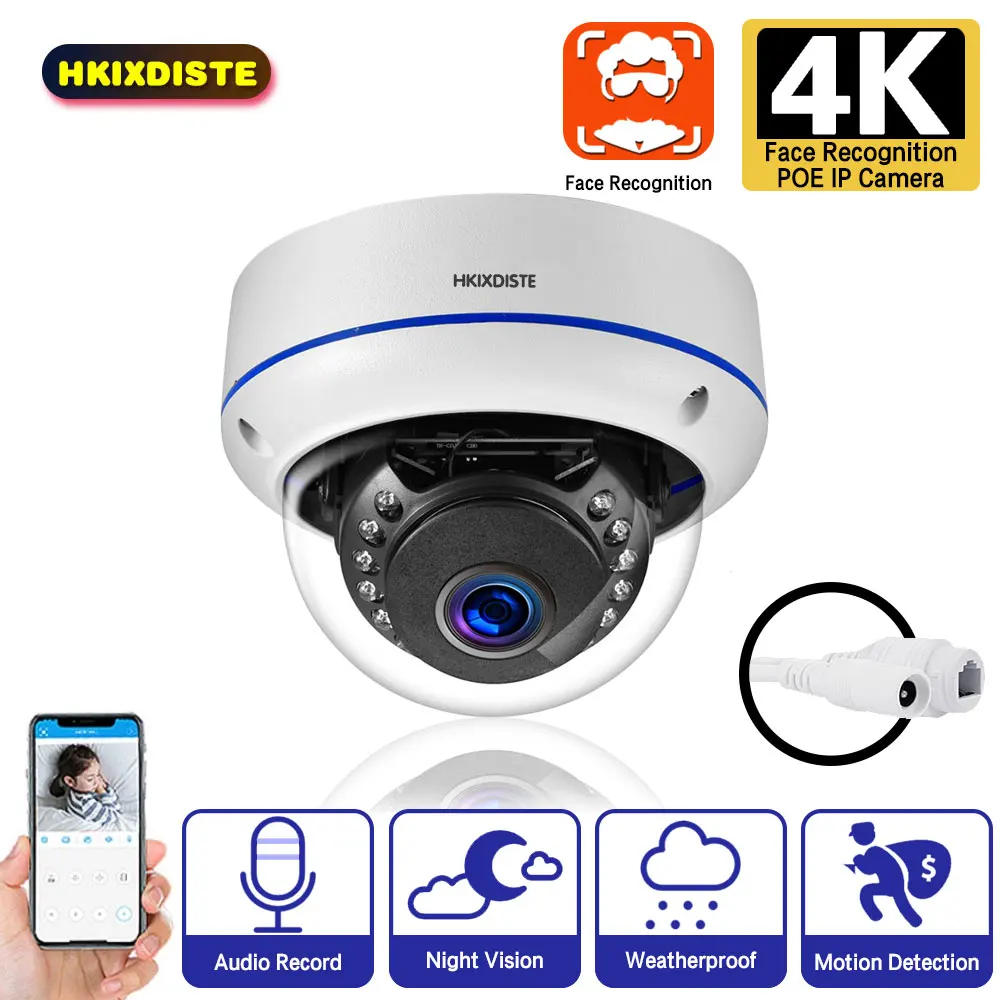 

Dome IP Audio Face recognition 4K POE Camera 8MP water proo Outdoor Motion Detection Security Indoor Home Security Cameras