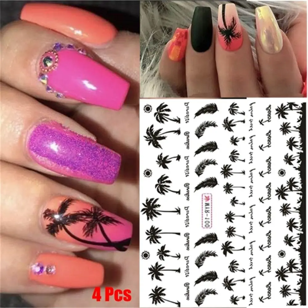 4 Pcs Tropical style 3D Nail Decor Manicure Water Transfer Paper Palm Pattern Nail Stickers Coconut Tree