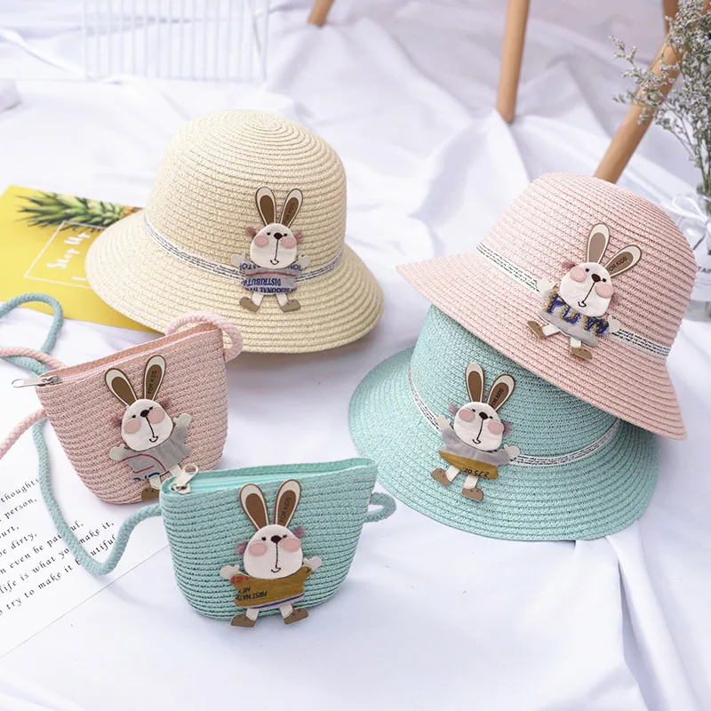 Summer Girl breathable straw hat +handbag sets Child baby sun hat Panama cap Gorros Kids hat cartoon Sunscreen shoulder bags