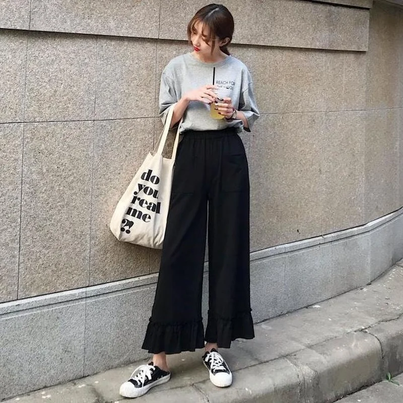 Pants Women Summer Loose Solid Color Female Wide Leg Sweet Japanese Style High Waist Ruffles Chic Leisure Daily Breathable Girls