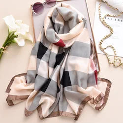 Designer Brand Women Silk Scarf Luxury Plaid Long Scarves Beach Pareo Stole Foulard Femme Bandana Hijab Lady Shawls and Wraps