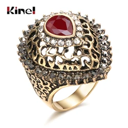 Kinel Luxury Boho Water Drop Engagement Rings For Women Antique Gold Color Vintage Crystal Jewellery Red Stone Ethnic Style Ring