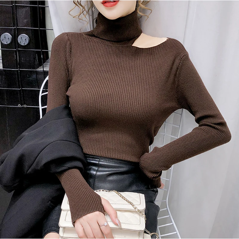 2024 Autumn Winter Thick Sweater Women Knitted Ribbed Pullover Sweater Off Shoulder Turtleneck Slim Jumper Soft Warm Pull Femme