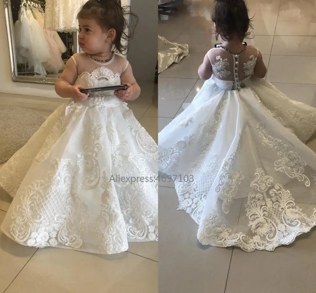 Lace Flower Girl Dresses For Wedding Cap Sleeve Sheer Jewel Party Toddler Pageant Clothes Vestidos De Custom Color