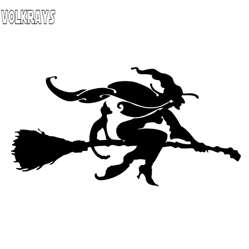 Volkrays Interesting Car Sticker Witch and Cat on Broomstick Accessories Reflective Sunscreen Vinyl Decal Black/Silver,6cm*14cm