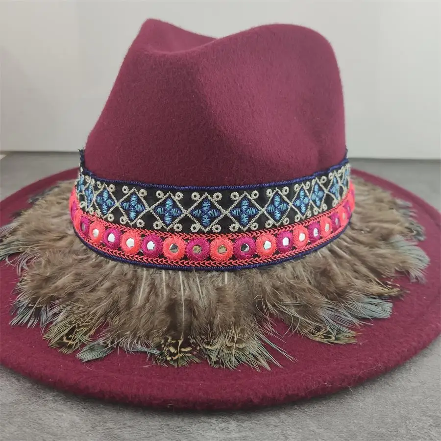 Boho fedora hats women feather band belt hat british elegant fascinator Leather Tassel winter women hats