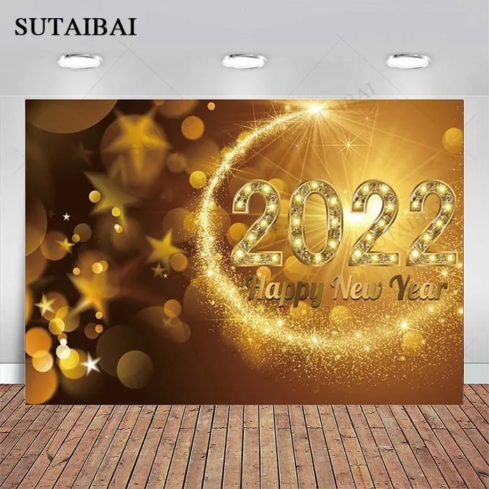 Gold Diamonds Light Bokeh 2022 Happy New Year Background Family Dinner Party Backdrops Photography Children Portrait Photo