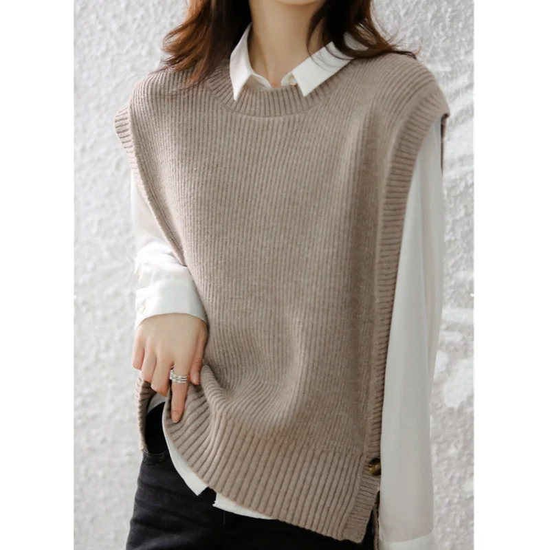 

DY Sweater for Women 2021 Autumn New Knitted Vest Wool Sweaters Sleeveless Tank Tops Elegant Female Clothing pull femme