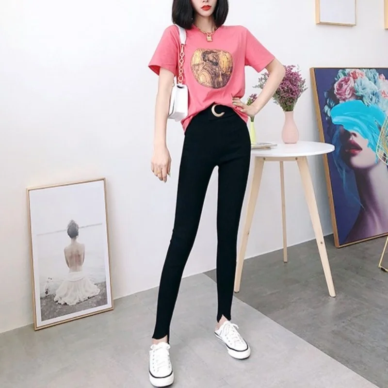 

High Women Waist Skinny Pencil Pants Autumn Winter Sashes Punk Black Ankle-Length Pants Casual Office Lady Pants Streetwear